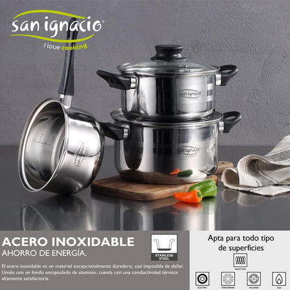 Batería de Cocina San Ignacio 5 Piezas Acero Inoxidable + Juego de Sartenes Moma (20/24/28 cm) Aluminio Forjado Inducción