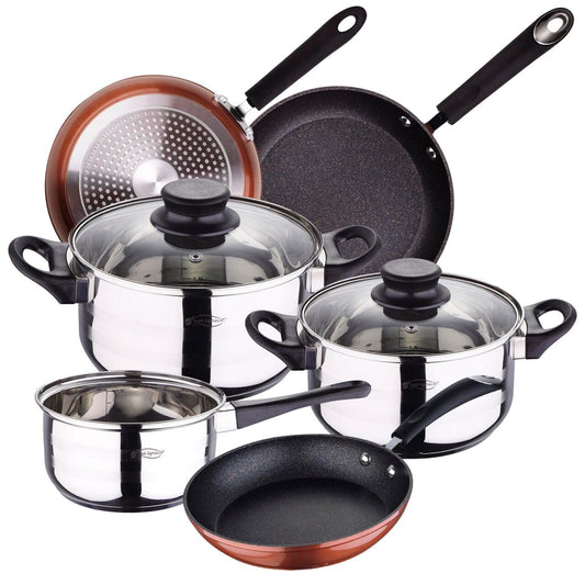 Batería de Cocina San Ignacio 5 Piezas Acero Inoxidable + Juego de Sartenes Moma (20/24/28 cm) Aluminio Forjado Inducción