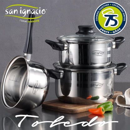 Batería de Cocina San Ignacio 5 Piezas Acero Inoxidable + Juego de Sartenes Moma (20/24/28 cm) Aluminio Forjado Inducción